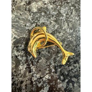 Vintage Gold-Tone Dolphin Brooch Pin With Rhinestone Eye